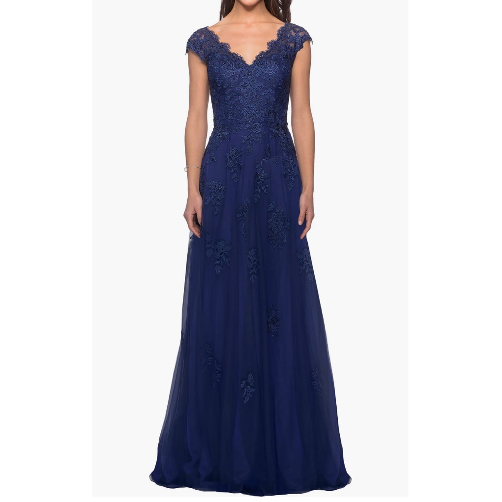 La Femme Marine Blue Short Sleeve Lace Gown With Cascading Embellishment Reemoly